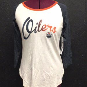 '47 Brand Womens White Edmonton Oilers Round Neck Raglan NHL T Shirt Size Small